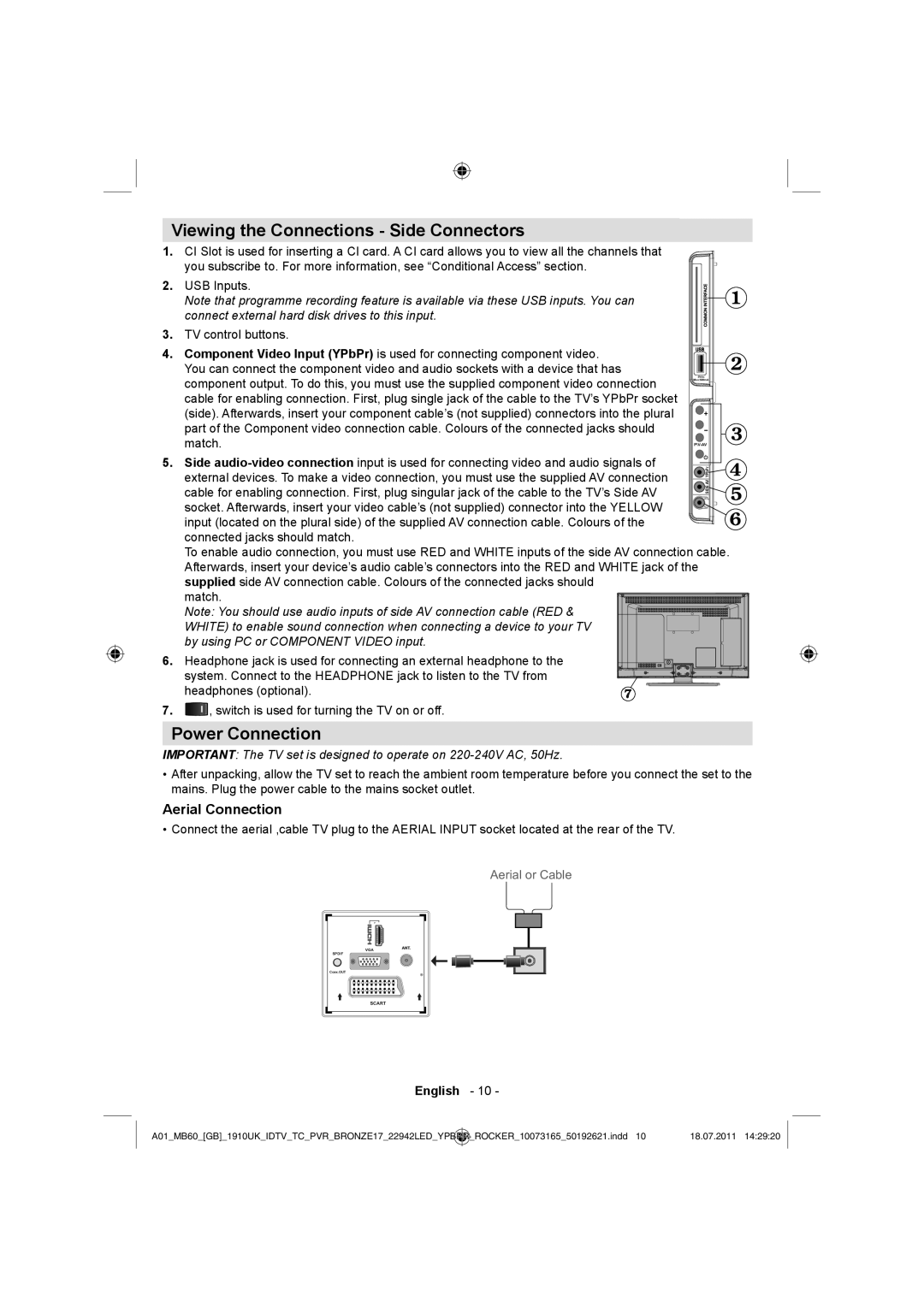 Sharp LC-22LE510E operation manual Viewing the Connections Side Connectors, Power Connection, Aerial Connection 