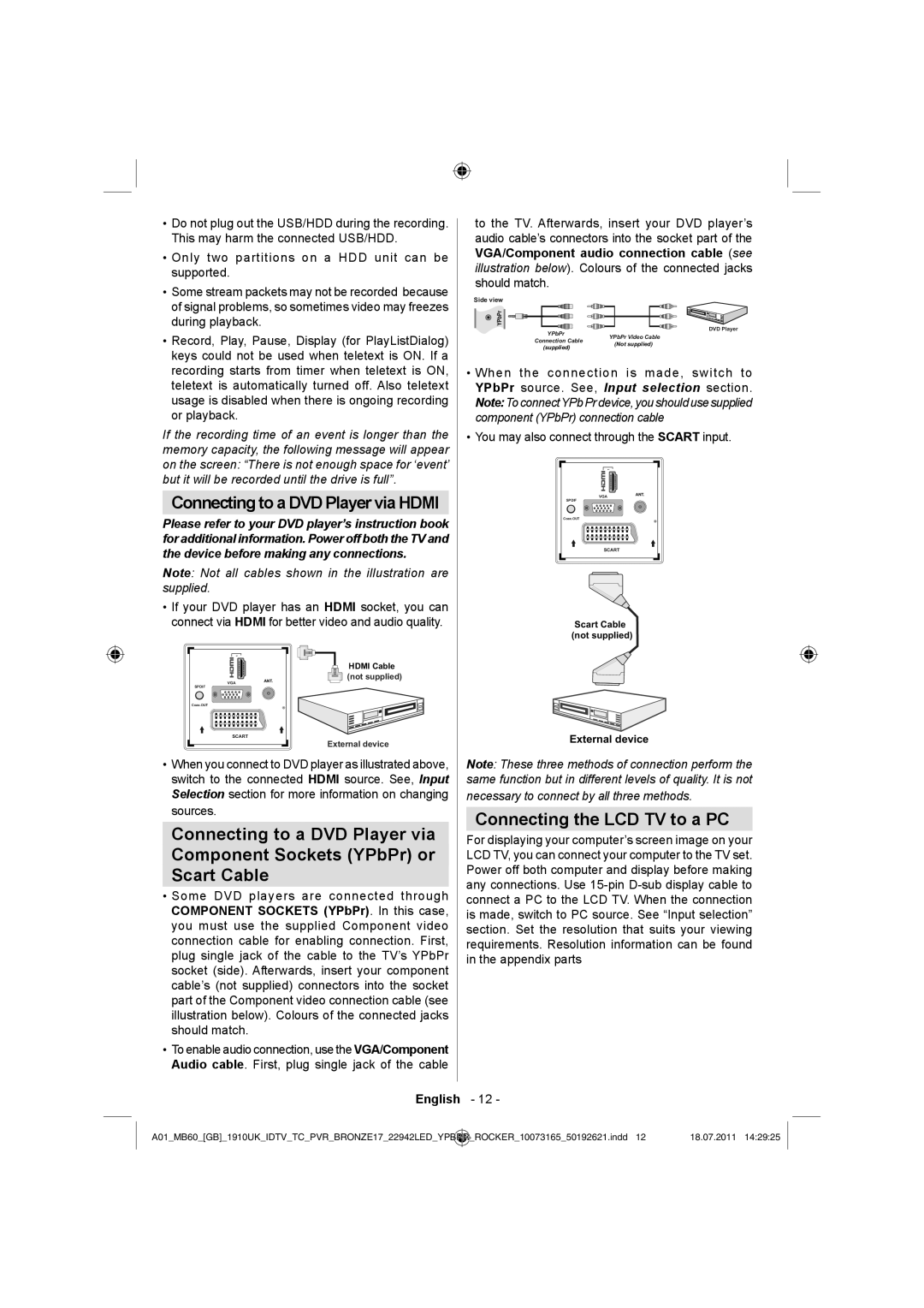 Sharp LC-22LE510E operation manual Connecting the LCD TV to a PC, Or playback 