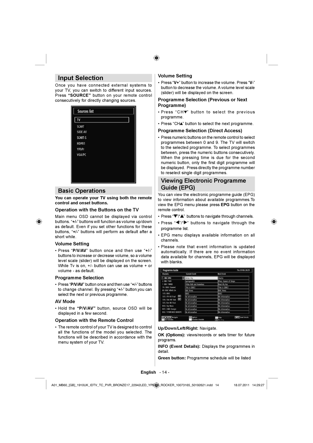 Sharp LC-22LE510E operation manual Input Selection, Basic Operations, Viewing Electronic Programme Guide EPG 