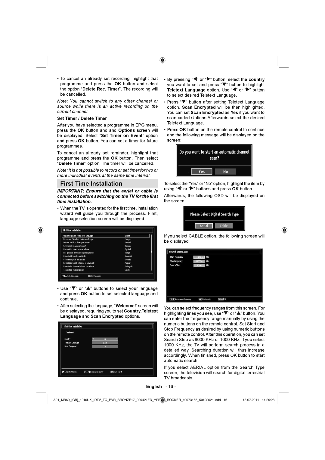 Sharp LC-22LE510E operation manual First Time Installation, Set Timer / Delete Timer 