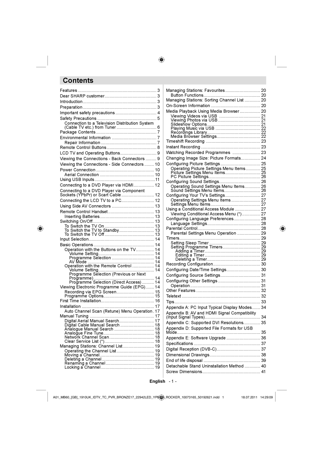 Sharp LC-22LE510E operation manual Contents 