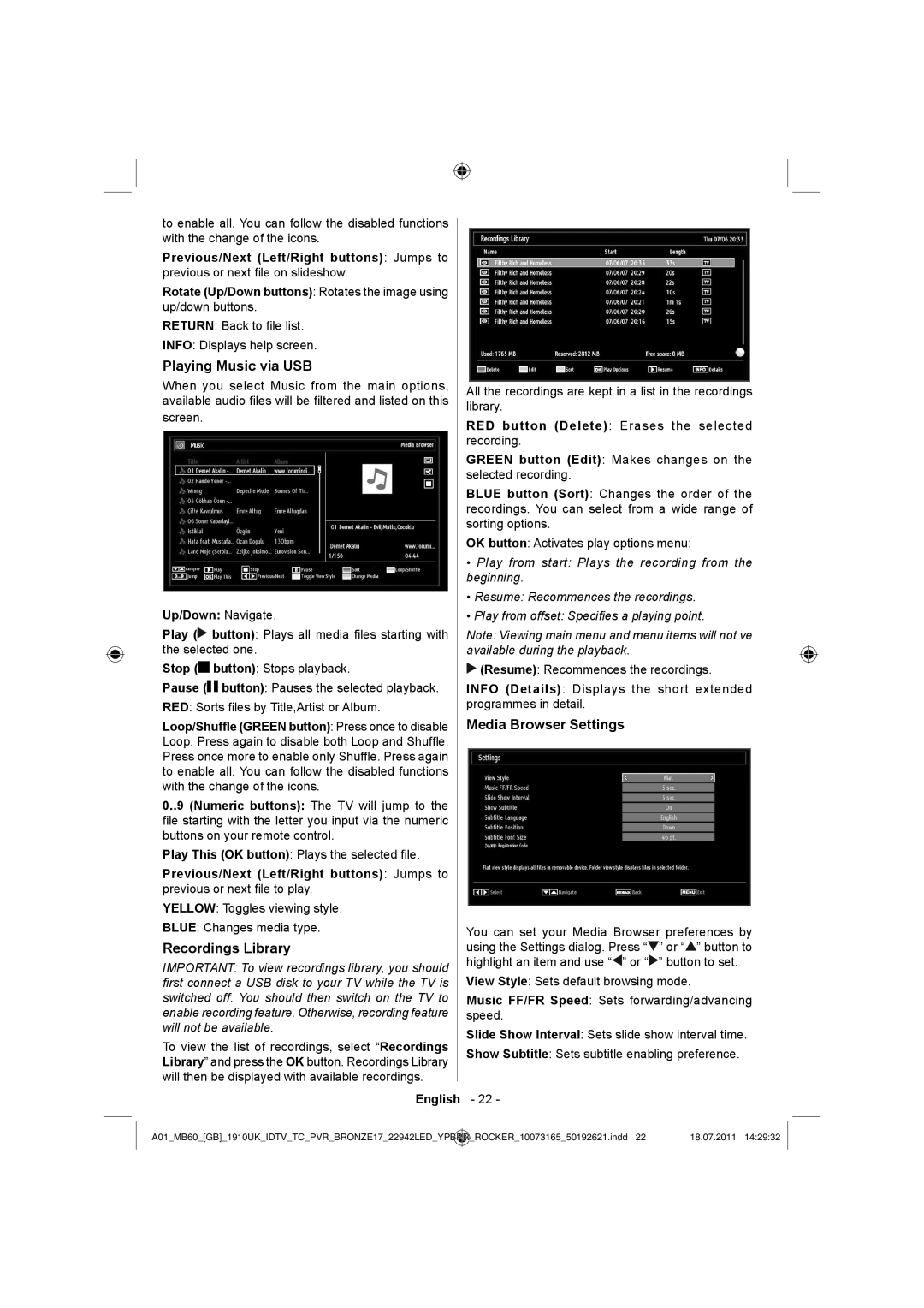 Sharp LC-22LE510E operation manual Playing Music via USB, Recordings Library, Media Browser Settings 