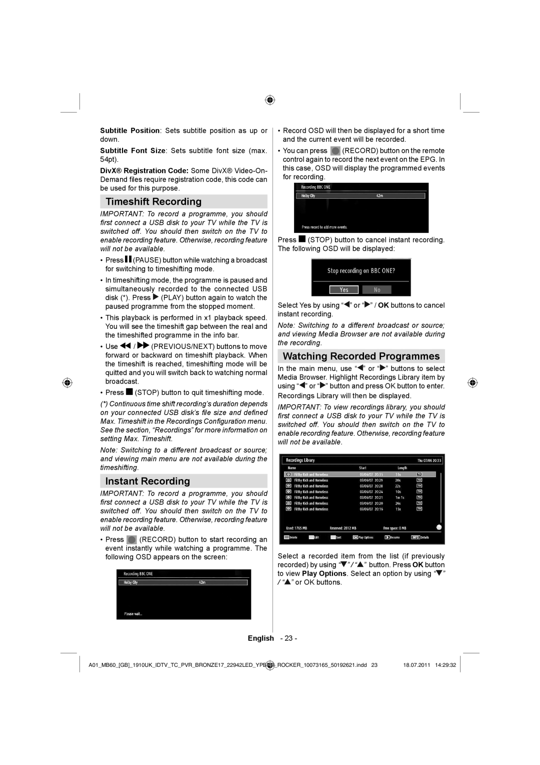 Sharp LC-22LE510E operation manual Timeshift Recording, Instant Recording, Watching Recorded Programmes 