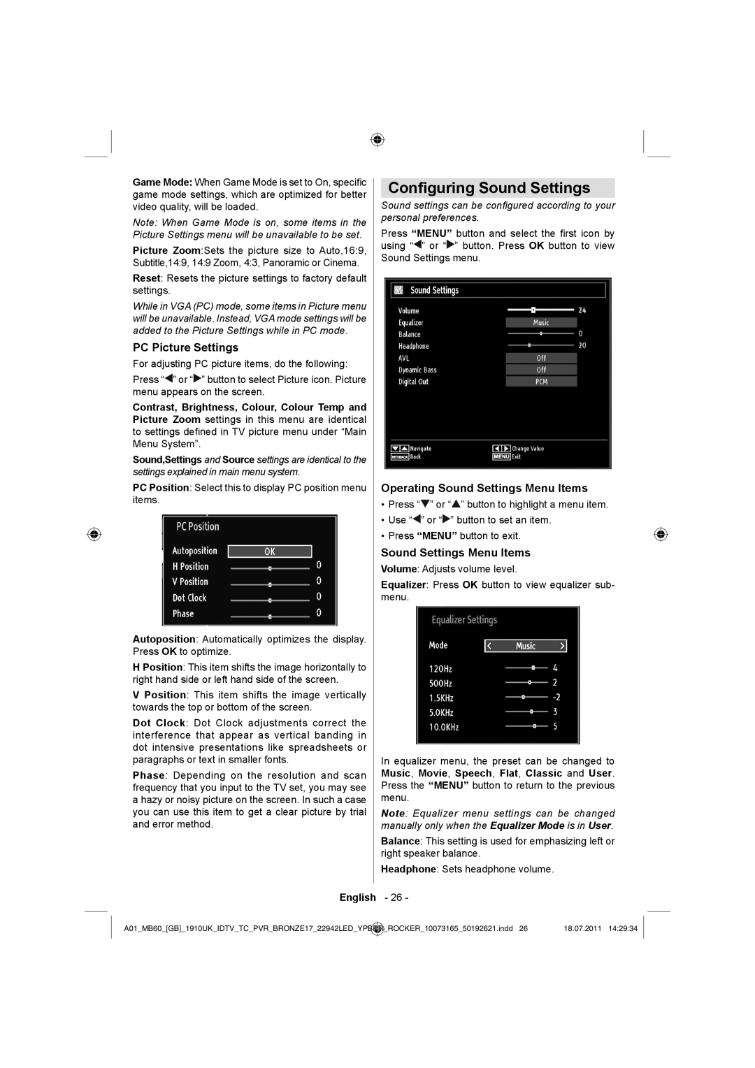 Sharp LC-22LE510E operation manual Conﬁguring Sound Settings, PC Picture Settings, Operating Sound Settings Menu Items 