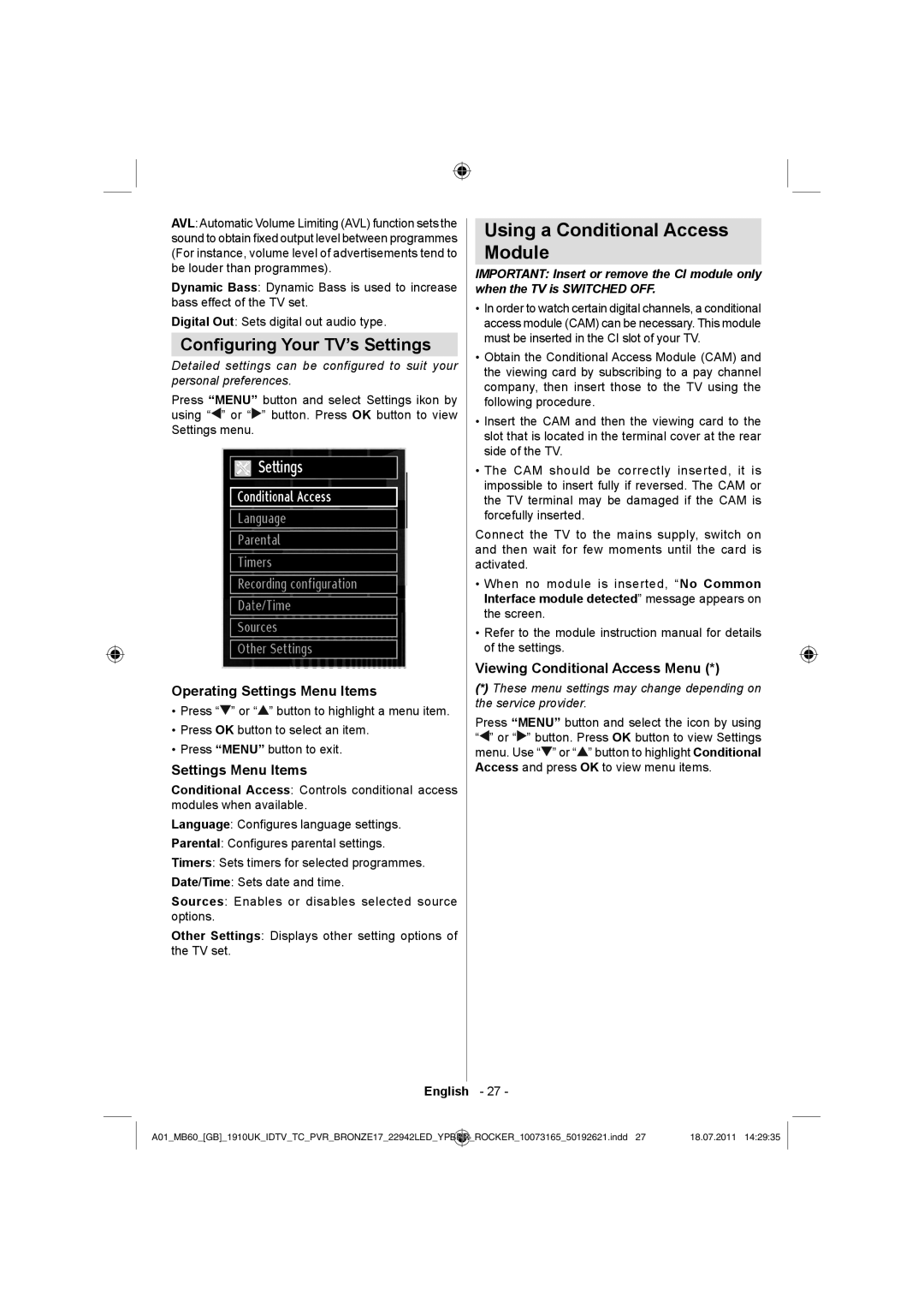 Sharp LC-22LE510E Using a Conditional Access Module, Conﬁguring Your TV’s Settings, Operating Settings Menu Items 