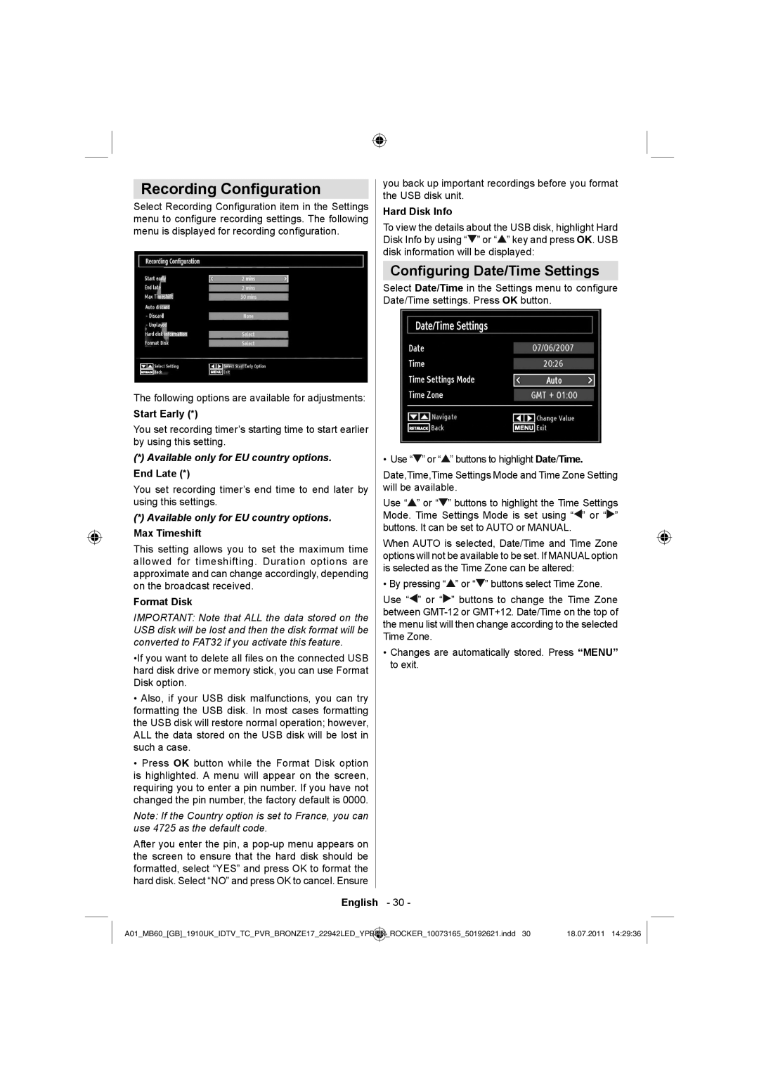 Sharp LC-22LE510E Recording Conﬁguration, Conﬁguring Date/Time Settings, Start Early, Format Disk, Hard Disk Info 