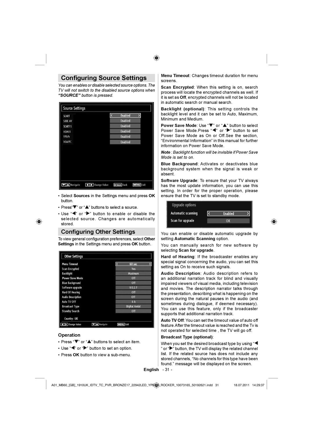 Sharp LC-22LE510E Conﬁguring Source Settings, Conﬁguring Other Settings, Operation, Broadcast Type optional 