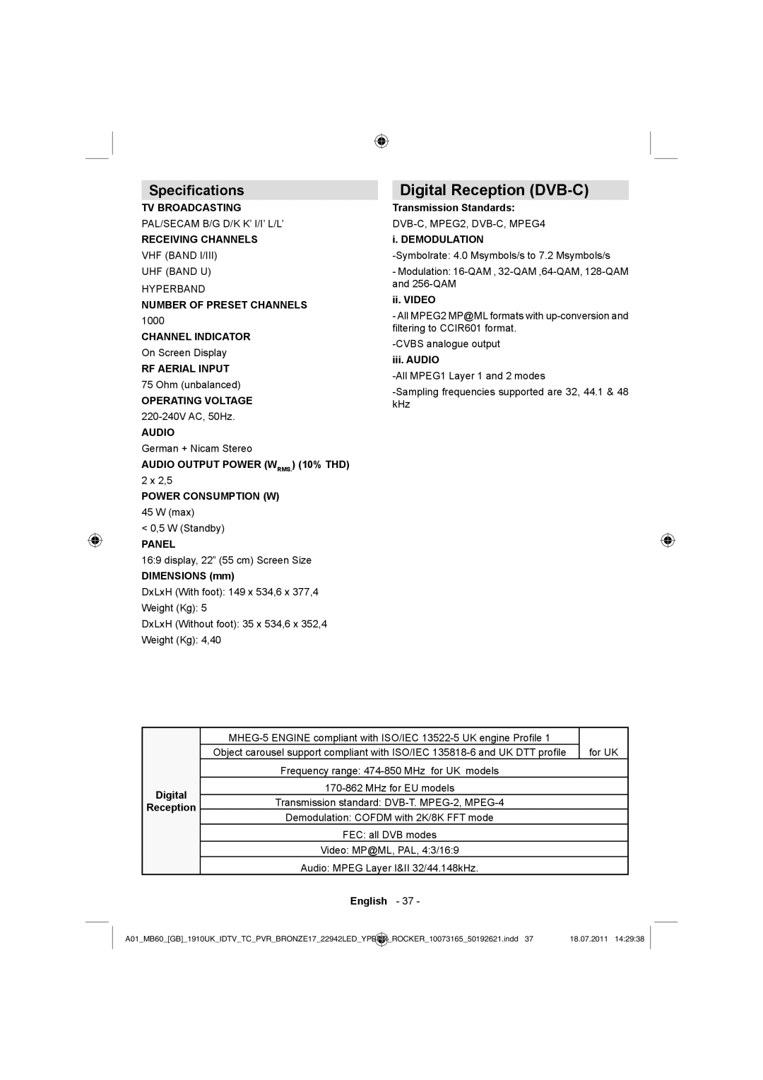 Sharp LC-22LE510E operation manual Digital Reception DVB-C, Speciﬁcations 