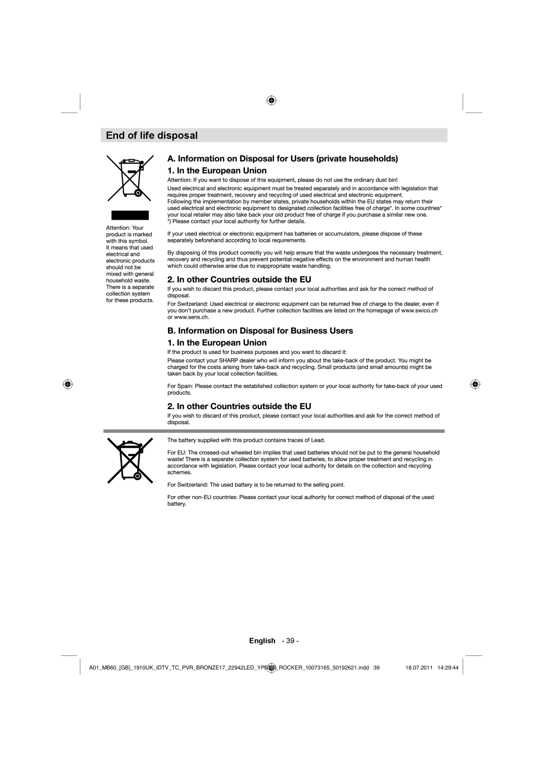 Sharp LC-22LE510E operation manual End of life disposal 