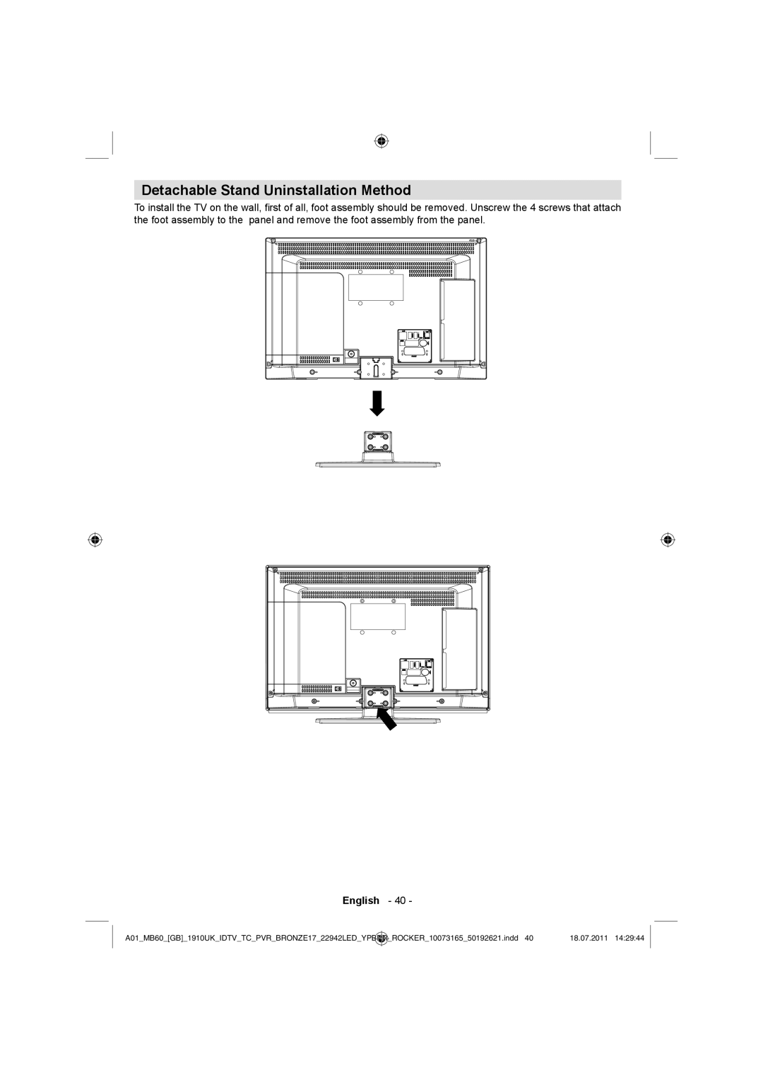 Sharp LC-22LE510E operation manual Detachable Stand Uninstallation Method 