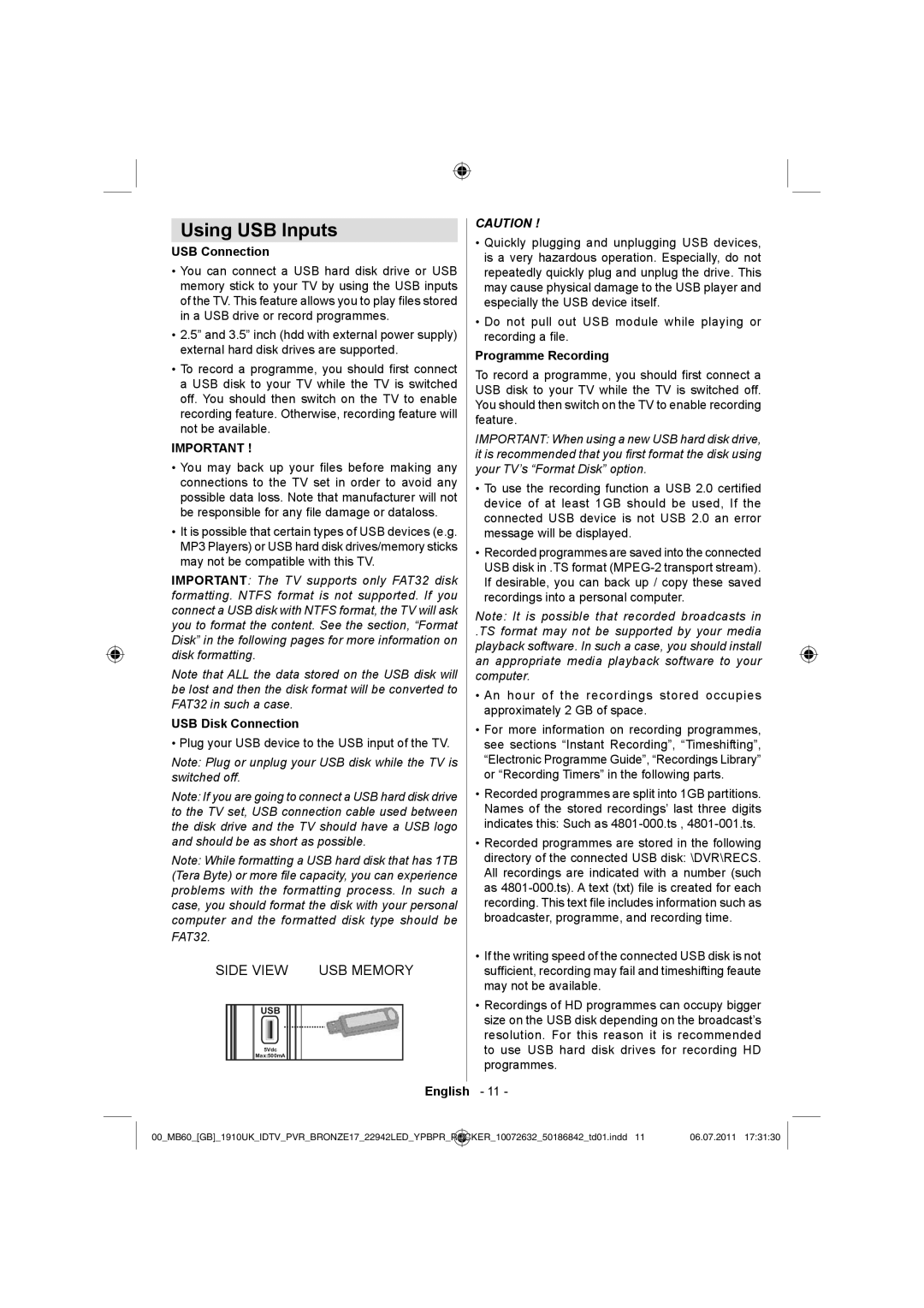 Sharp LC-22LE510K operation manual Using USB Inputs, USB Connection, USB Disk Connection, Programme Recording 