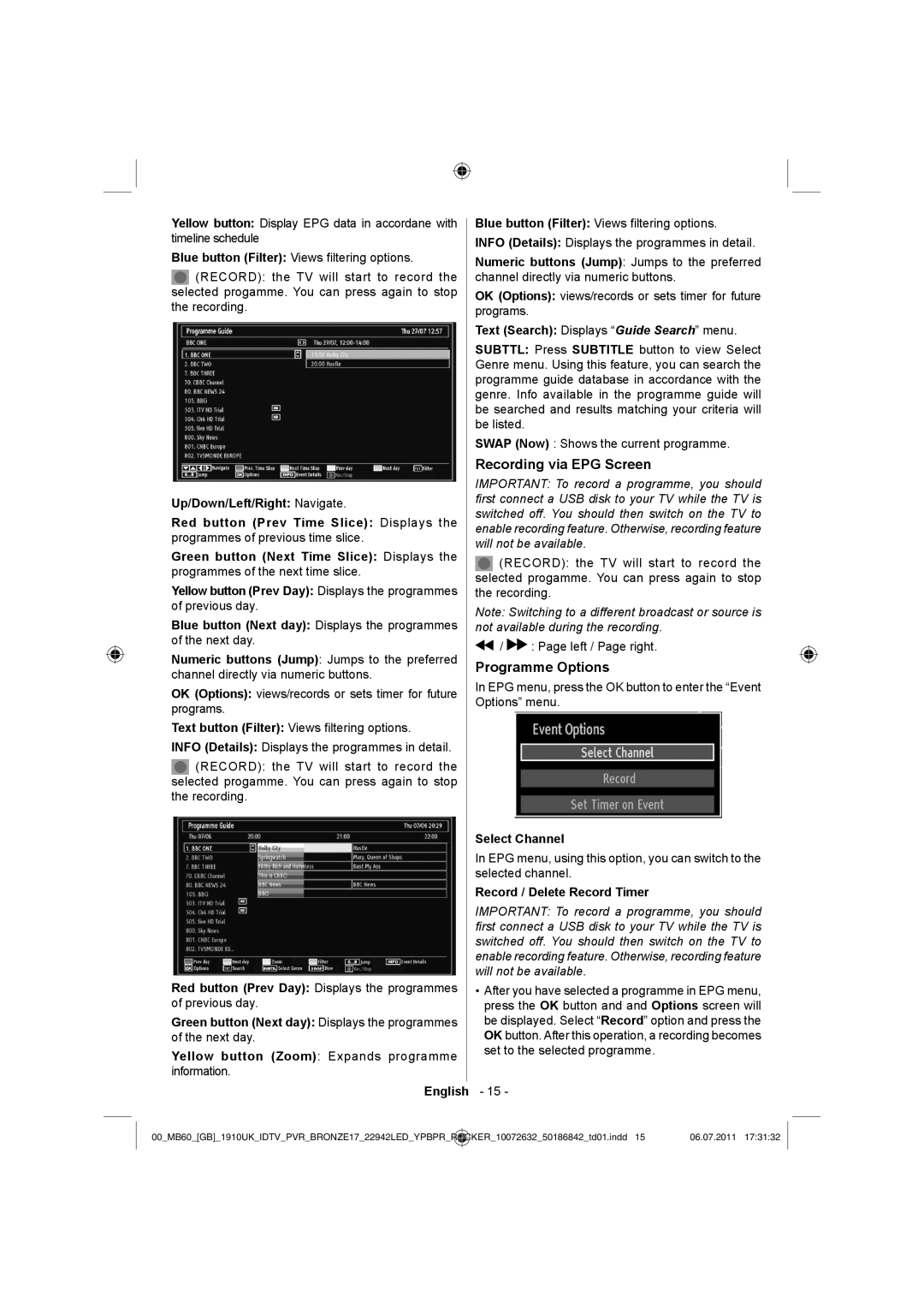 Sharp LC-22LE510K Recording via EPG Screen, Programme Options, Select Channel, Record / Delete Record Timer 