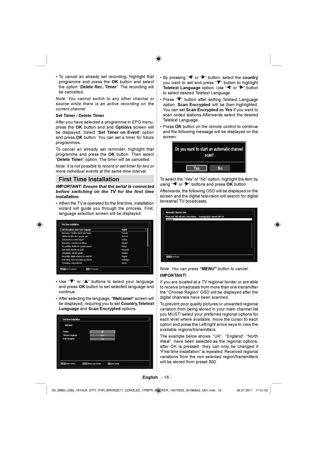 Sharp LC-22LE510K operation manual First Time Installation, Set Timer / Delete Timer 