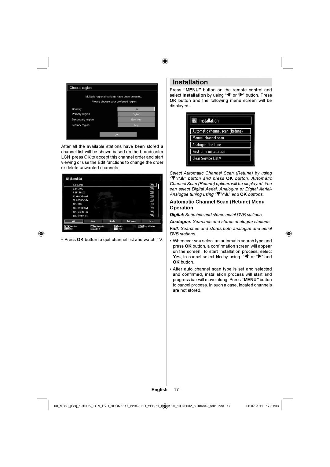 Sharp LC-22LE510K operation manual Installation, Automatic Channel Scan Retune Menu Operation 