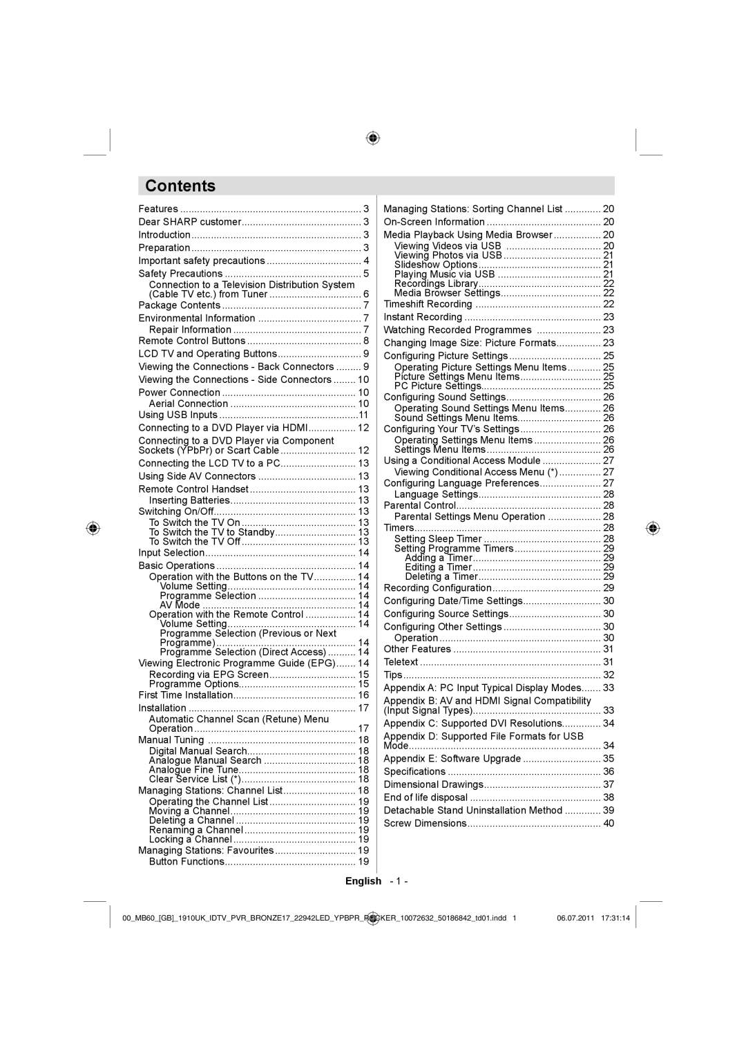 Sharp LC-22LE510K operation manual Contents 