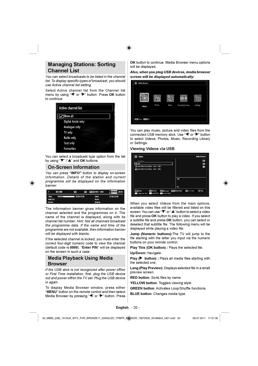 Sharp LC-22LE510K Managing Stations Sorting Channel List, On-Screen Information, Media Playback Using Media Browser 