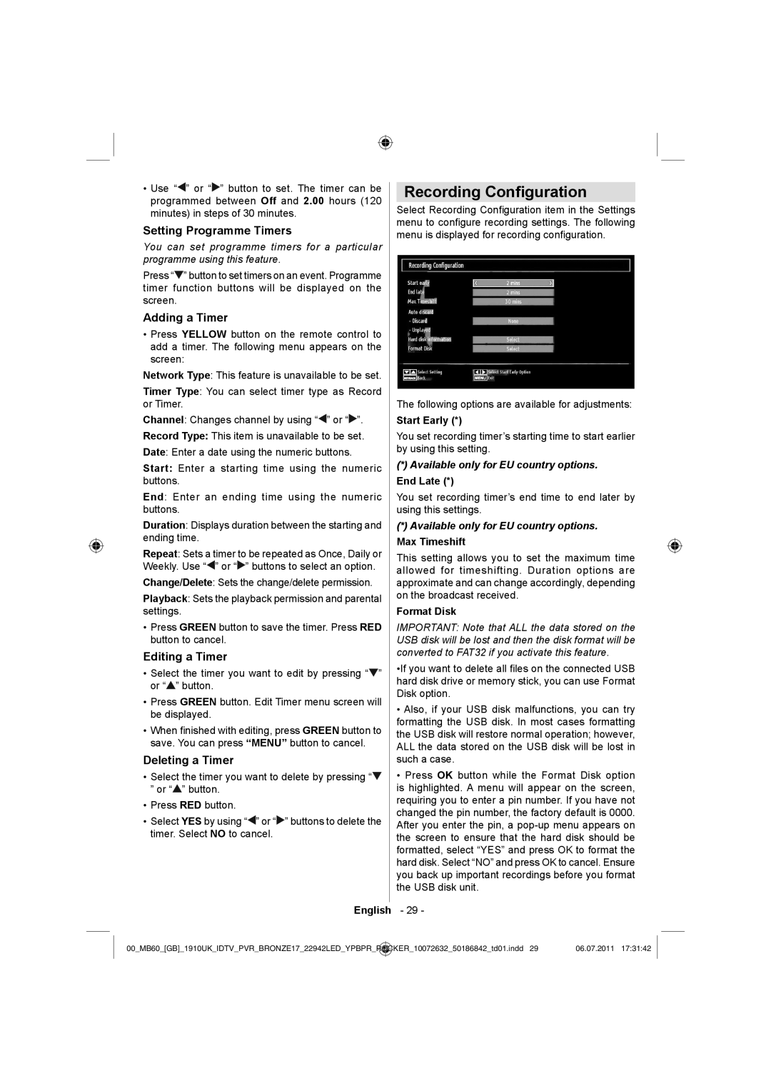 Sharp LC-22LE510K Recording Conﬁguration, Setting Programme Timers, Adding a Timer, Editing a Timer, Deleting a Timer 