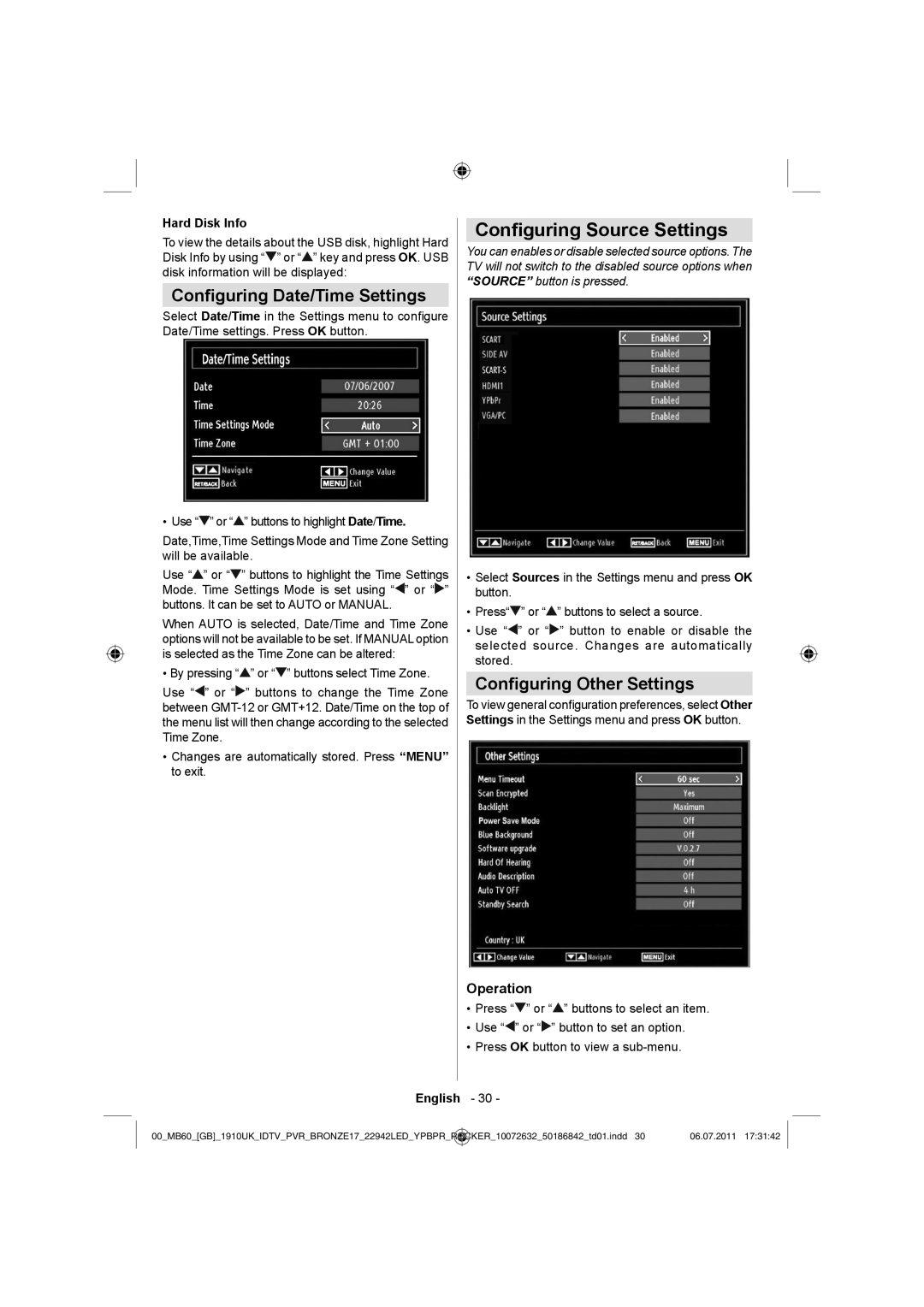 Sharp LC-22LE510K Conﬁguring Source Settings, Conﬁguring Date/Time Settings, Conﬁguring Other Settings, Operation 