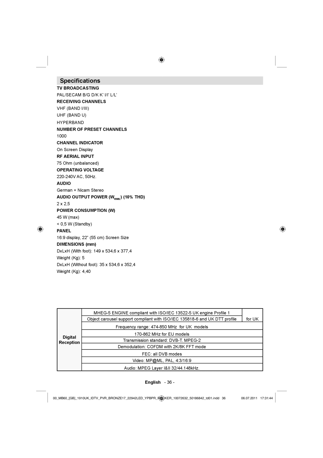 Sharp LC-22LE510K operation manual Speciﬁcations, Dimensions mm, Digital Reception 