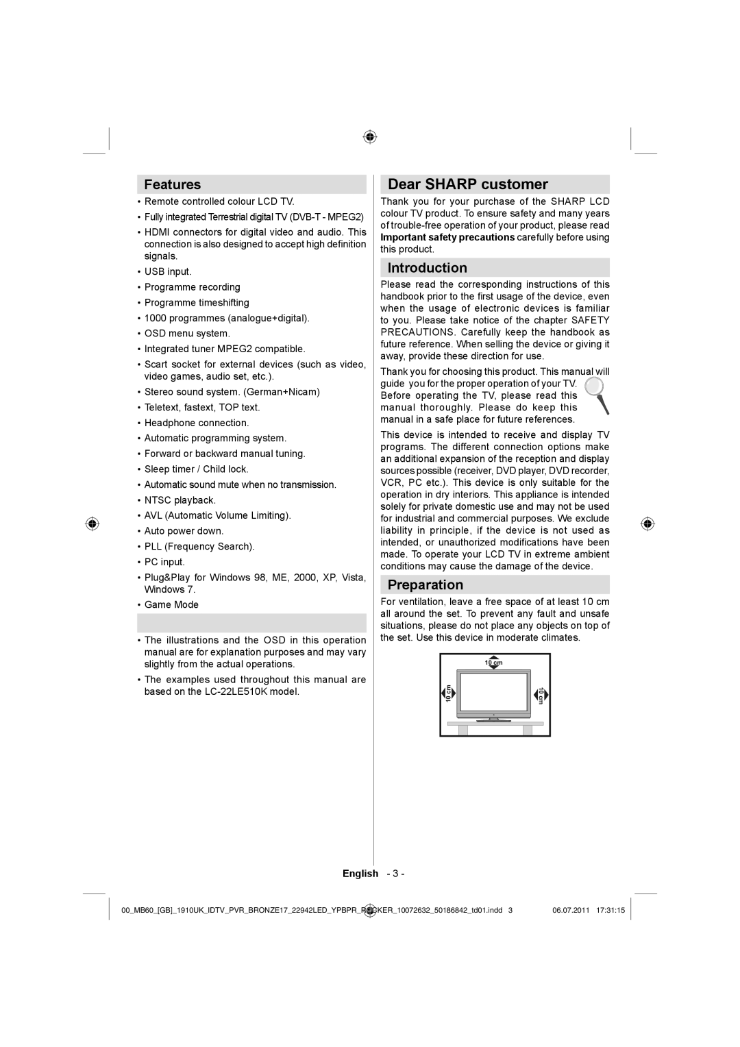 Sharp LC-22LE510K operation manual Dear Sharp customer, Features, Introduction, Preparation 