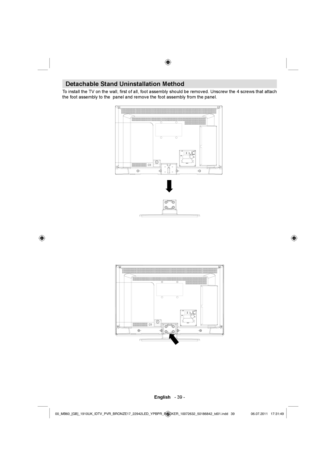 Sharp LC-22LE510K operation manual Detachable Stand Uninstallation Method 