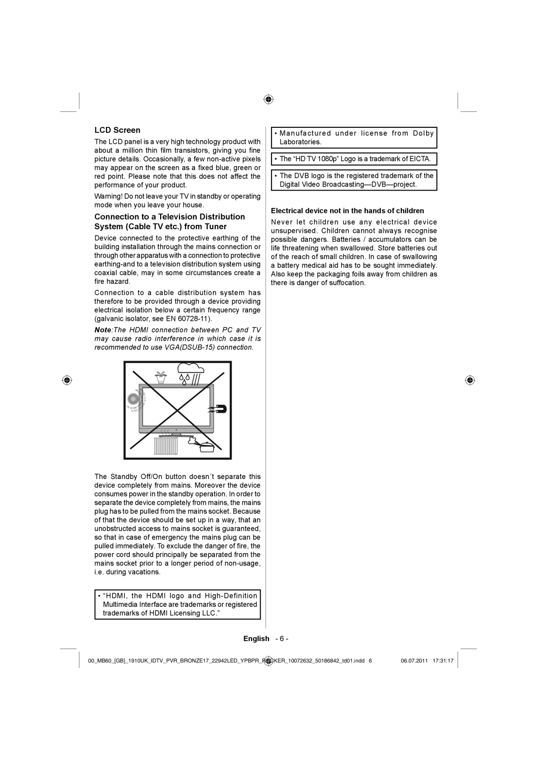 Sharp LC-22LE510K operation manual LCD Screen, Electrical device not in the hands of children 