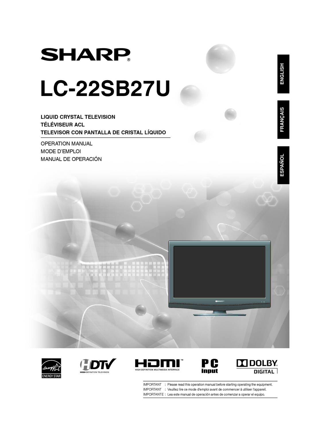 Sharp LC 22SB27U operation manual LC-22SB27U 