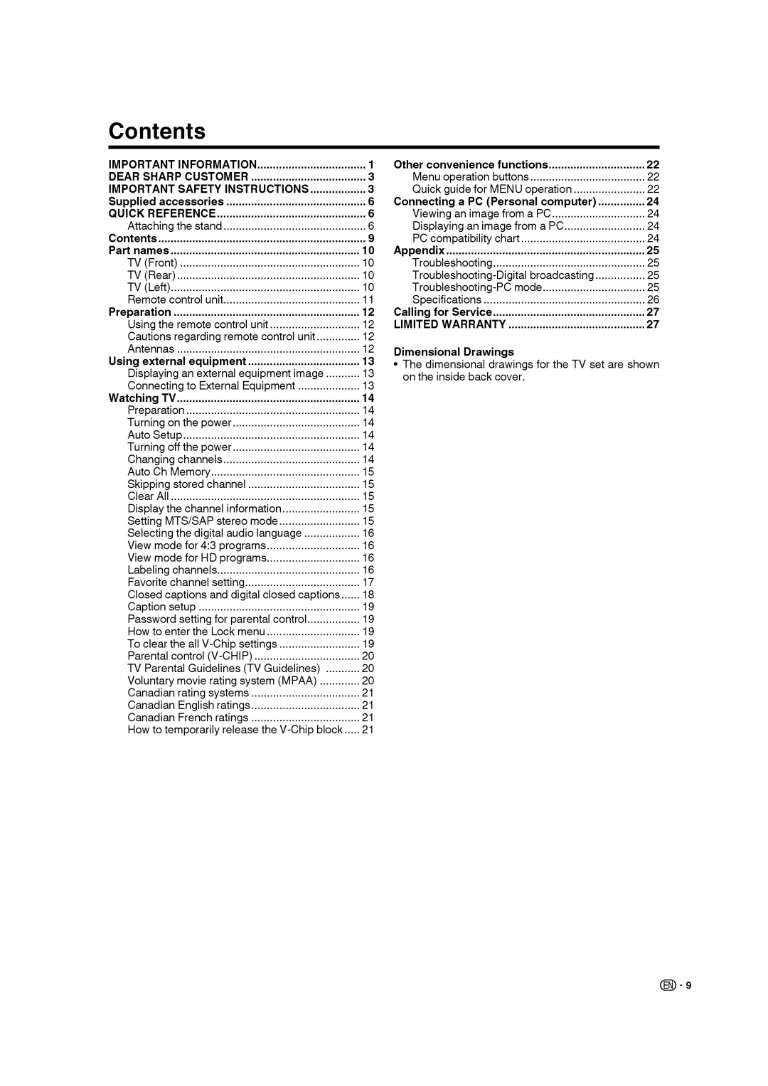 Sharp LC 22SB27U operation manual Contents 