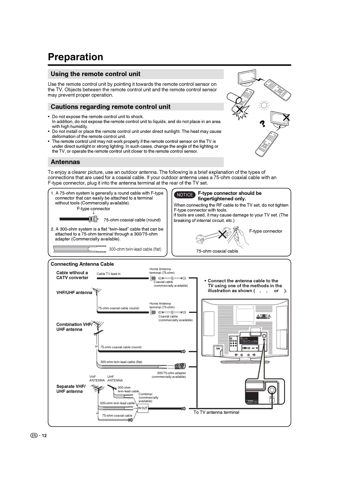 Sharp LC 22SB27U Preparation, Using the remote control unit, Antennas, Fingertightened only, Connecting Antenna Cable 