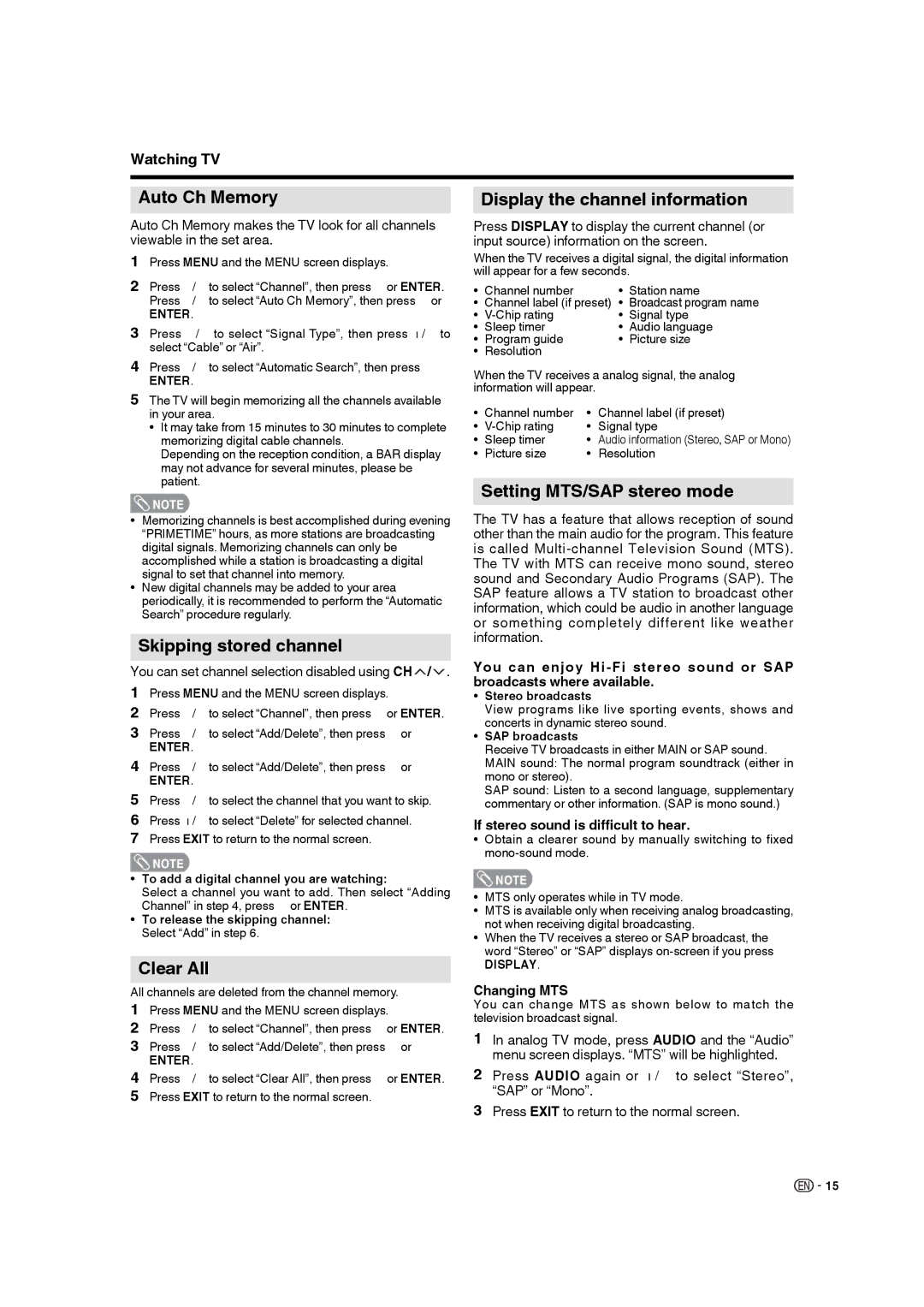 Sharp LC 22SB27U operation manual Auto Ch Memory, Skipping stored channel, Clear All, Display the channel information 