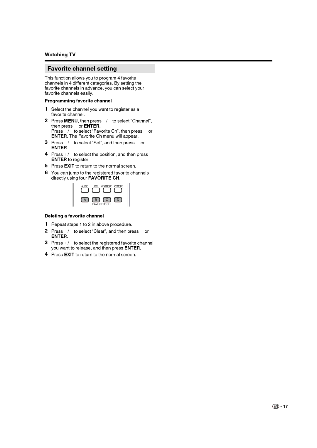 Sharp LC 22SB27U operation manual Favorite channel setting, Programming favorite channel, Deleting a favorite channel 