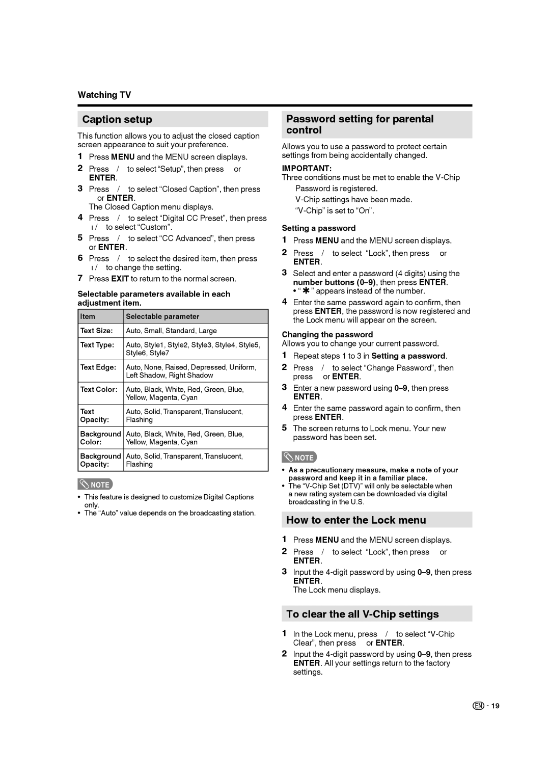 Sharp LC 22SB27U operation manual Caption setup, Password setting for parental control, How to enter the Lock menu 