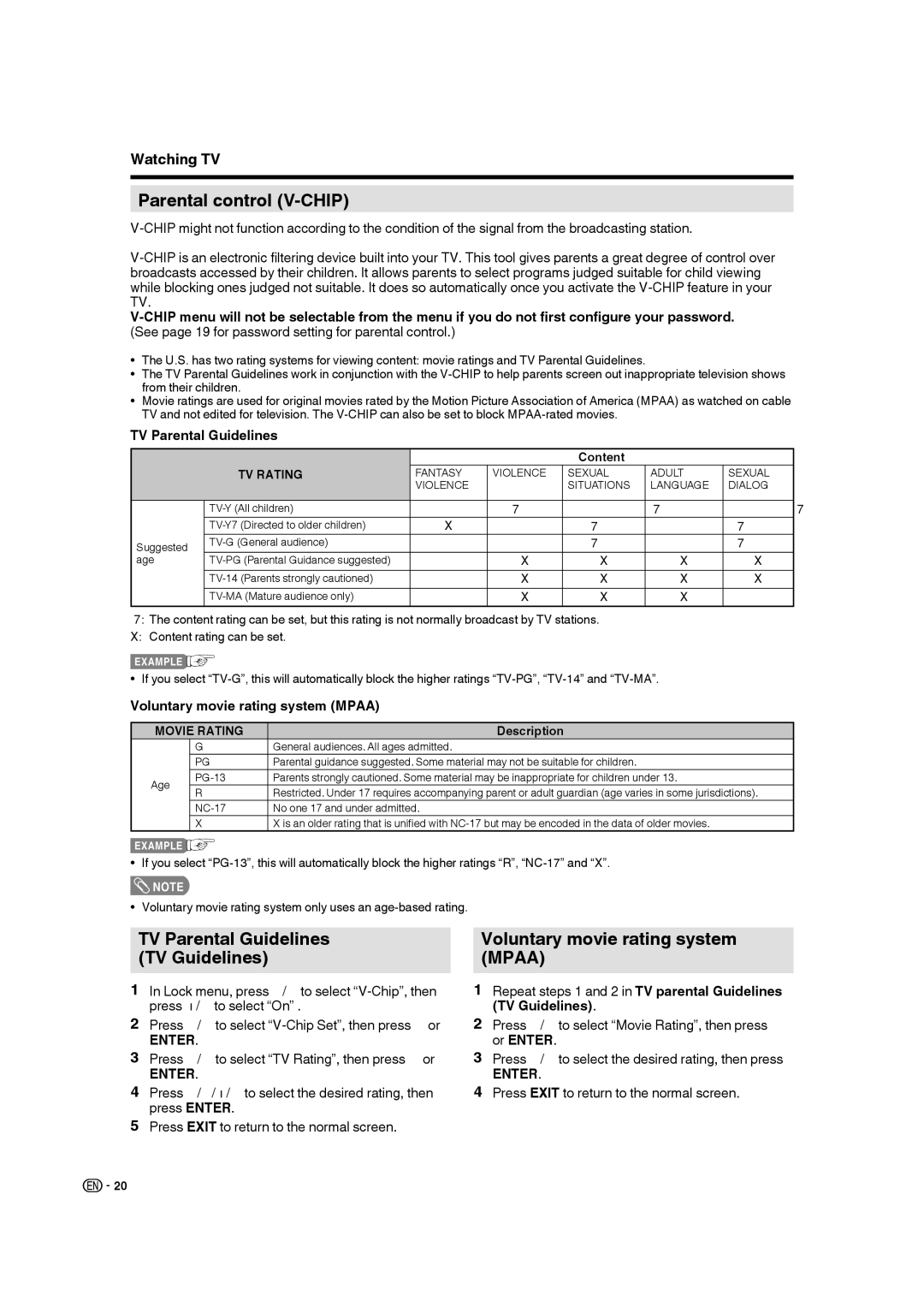 Sharp LC 22SB27U Parental control V-CHIP, TV Parental Guidelines TV Guidelines, Voluntary movie rating system Mpaa 