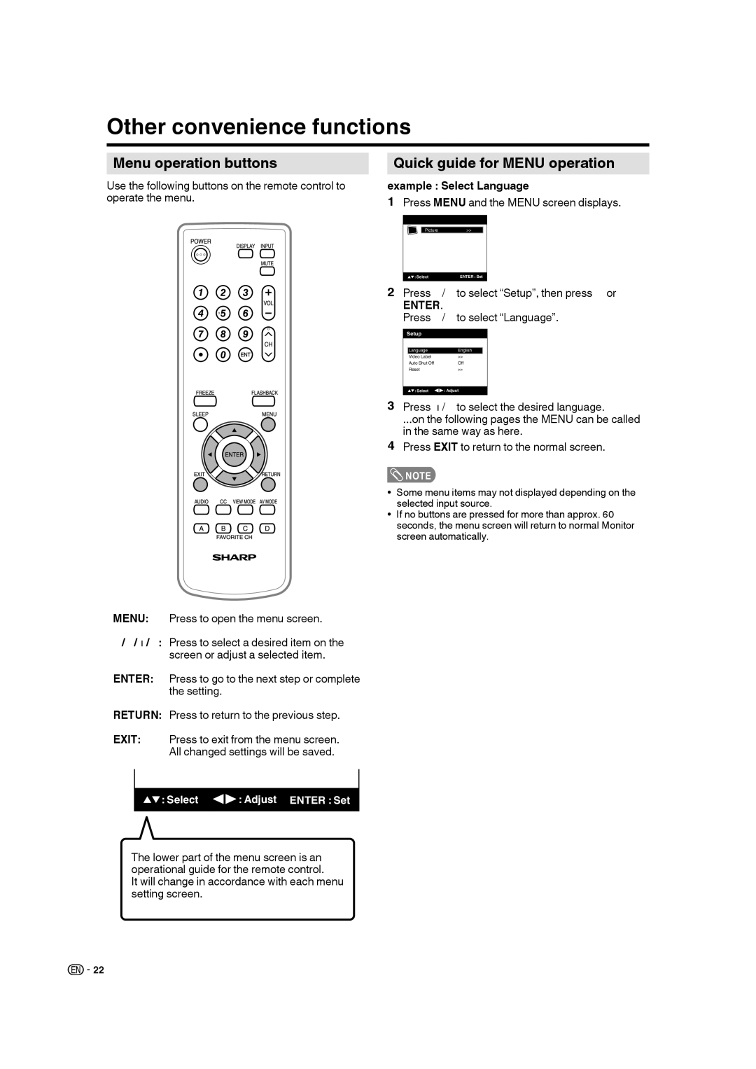 Sharp LC 22SB27U operation manual Other convenience functions, Menu operation buttons, Quick guide for Menu operation 