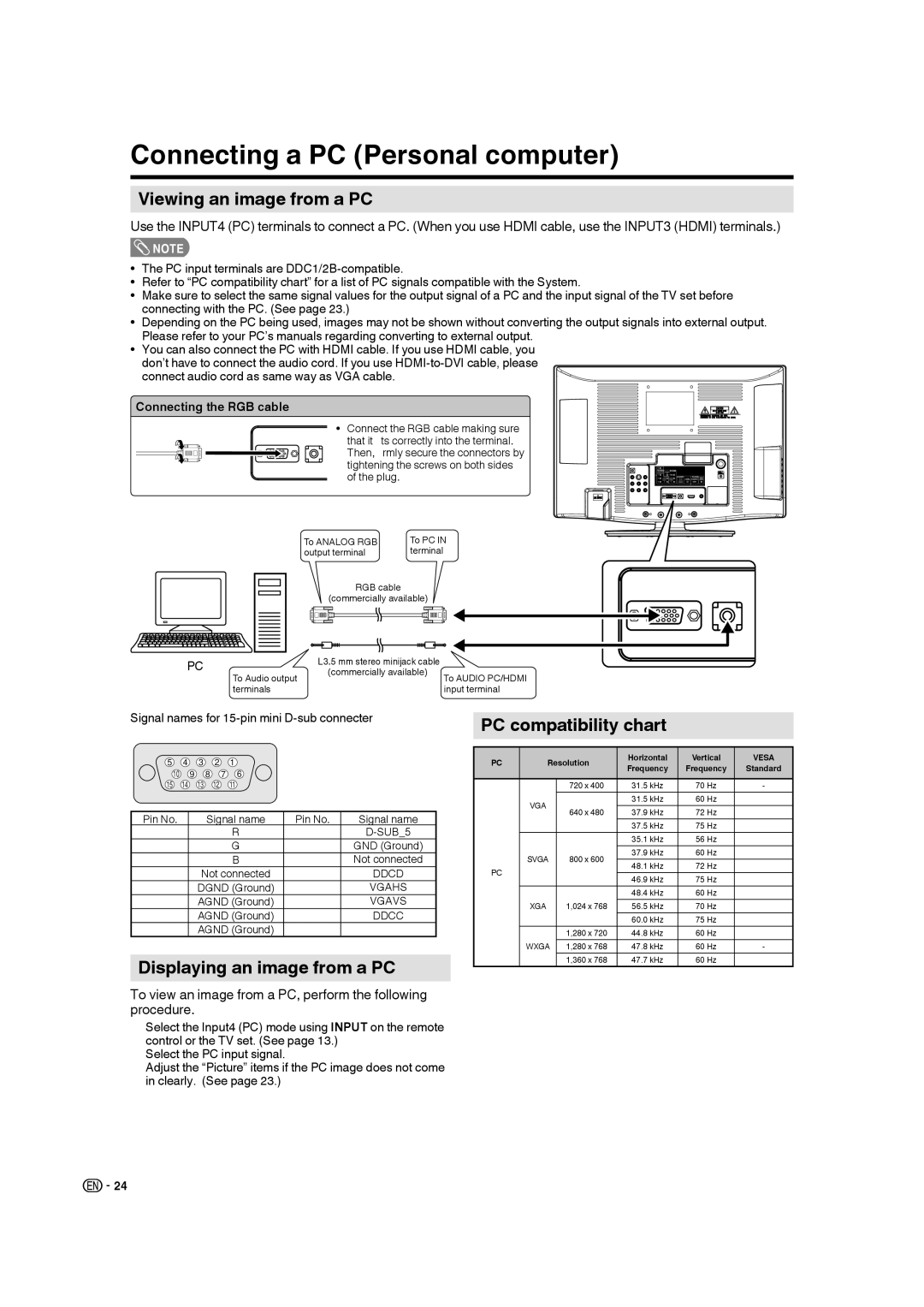 Sharp LC 22SB27U operation manual Connecting a PC Personal computer, Viewing an image from a PC, Connecting the RGB cable 