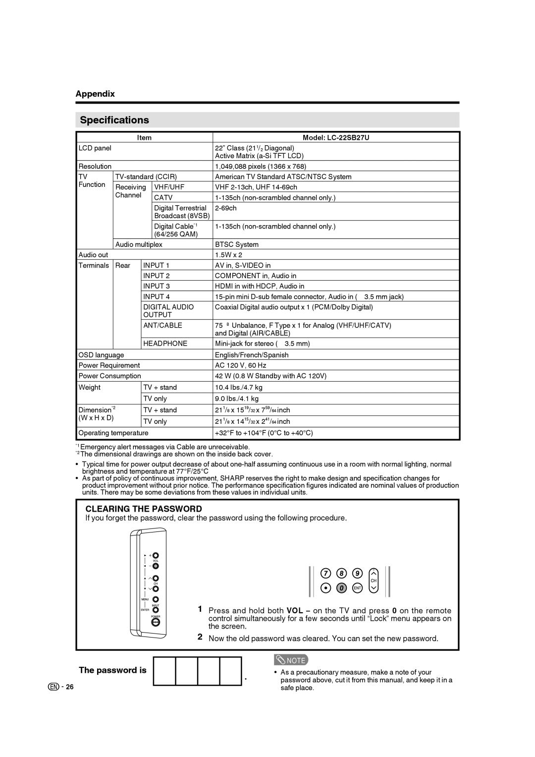 Sharp LC 22SB27U operation manual Specifications, Model LC-22SB27U 