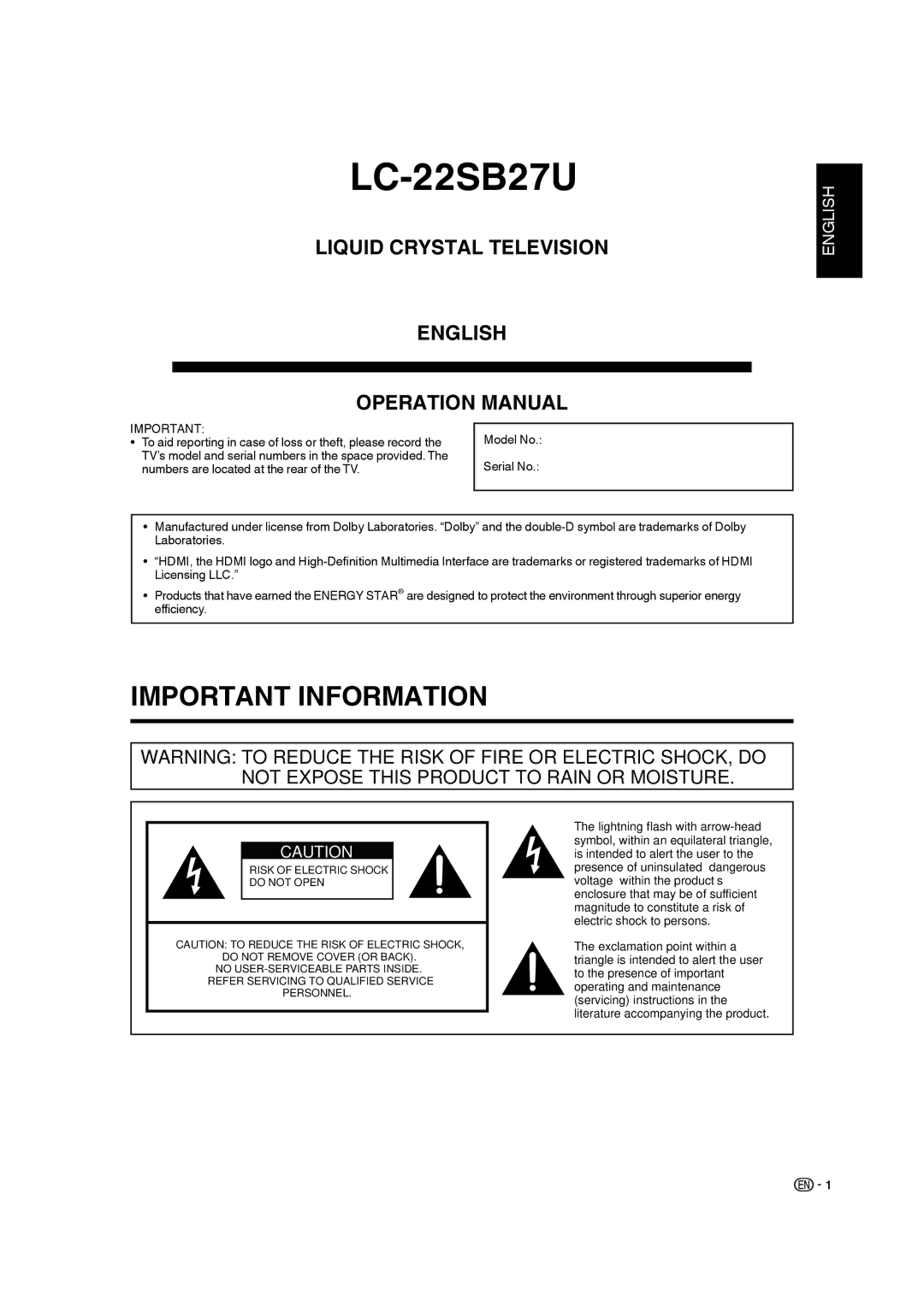 Sharp LC 22SB27U operation manual LC-22SB27U 