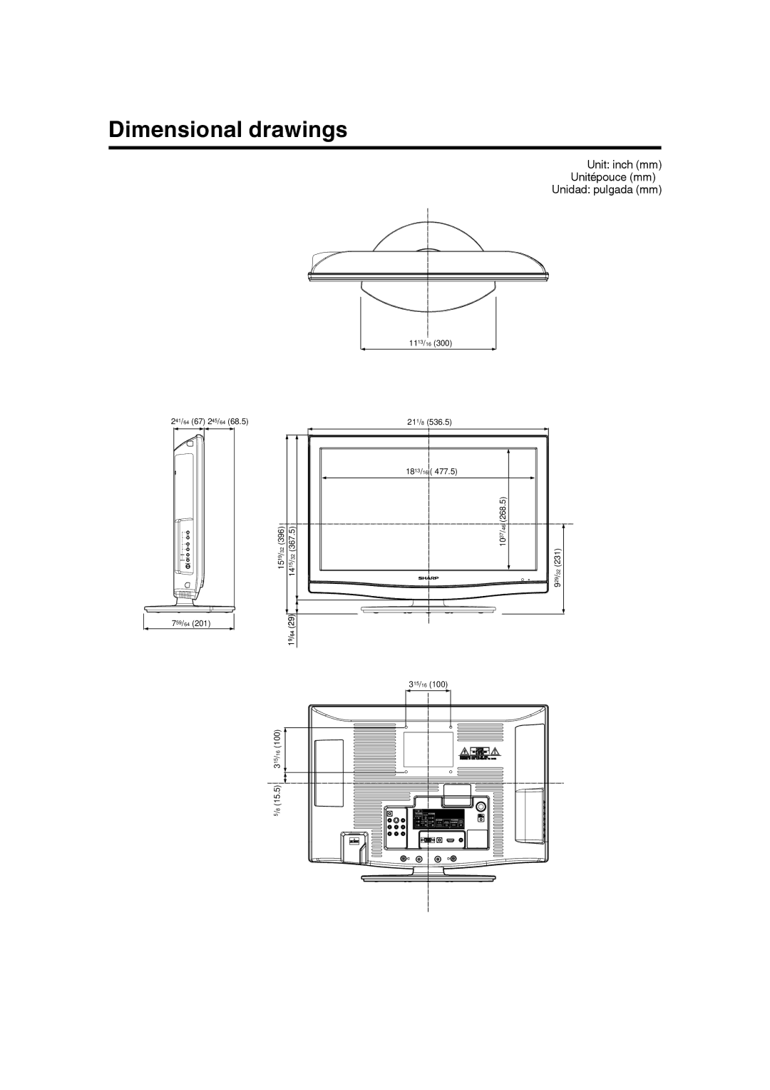 Sharp LC 22SB27U operation manual Dimensional drawings, Unit inch mm Unité pouce mm Unidad pulgada mm 