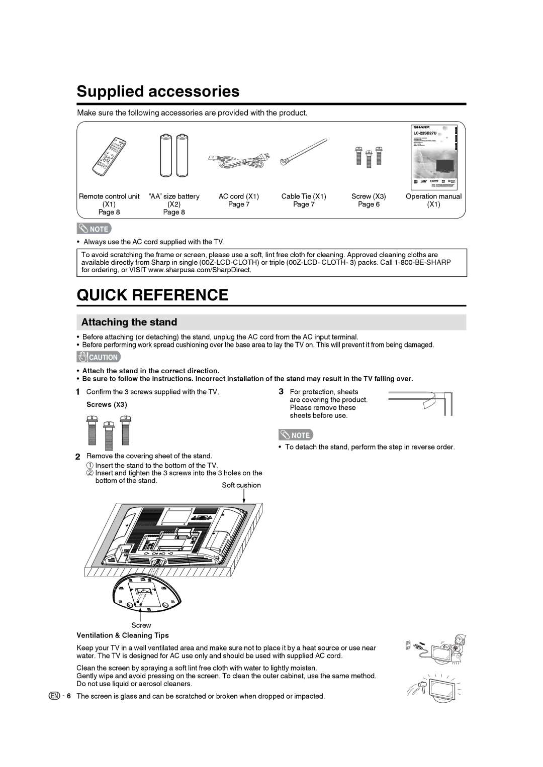 Sharp LC 22SB27U operation manual Supplied accessories, Attaching the stand, Screws, Ventilation & Cleaning Tips 