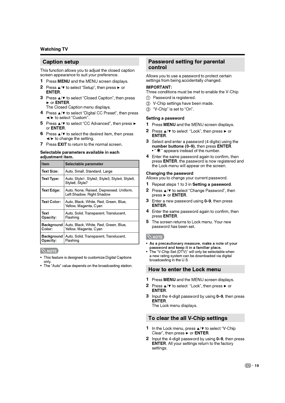 Sharp LC 19SB27UT, LC 22SB27UT Caption setup, Password setting for parental control, How to enter the Lock menu 