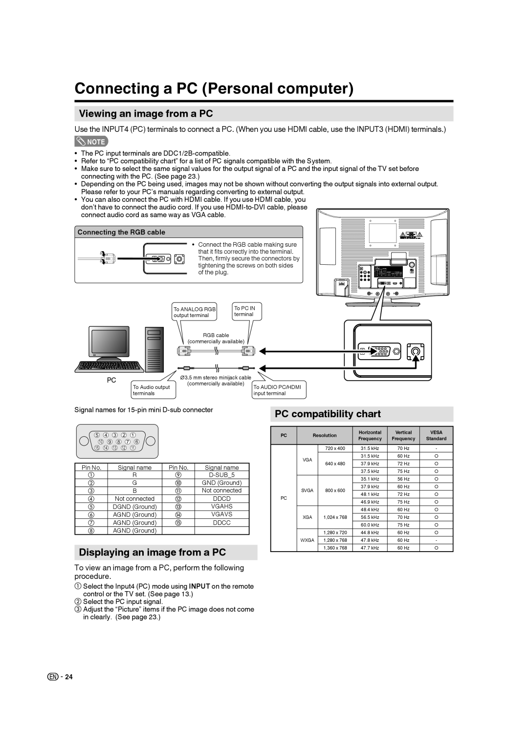 Sharp LC 22SB27UT, LC 19SB27UT Connecting a PC Personal computer, Viewing an image from a PC, Connecting the RGB cable 