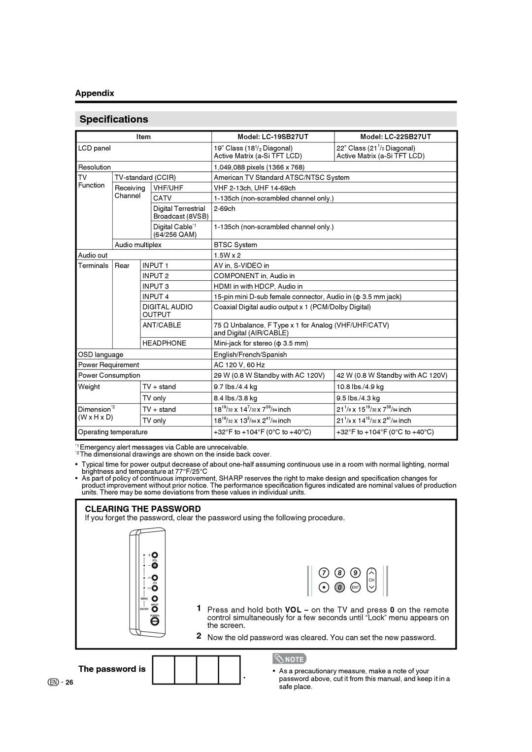 Sharp LC 22SB27UT, LC 19SB27UT operation manual Specifications, Model LC-19SB27UT Model LC-22SB27UT 