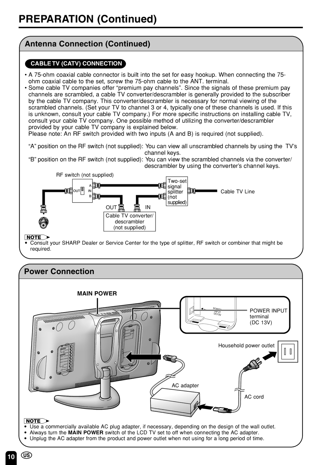 Sharp LC 22SV2U operation manual Power Connection, Main Power 