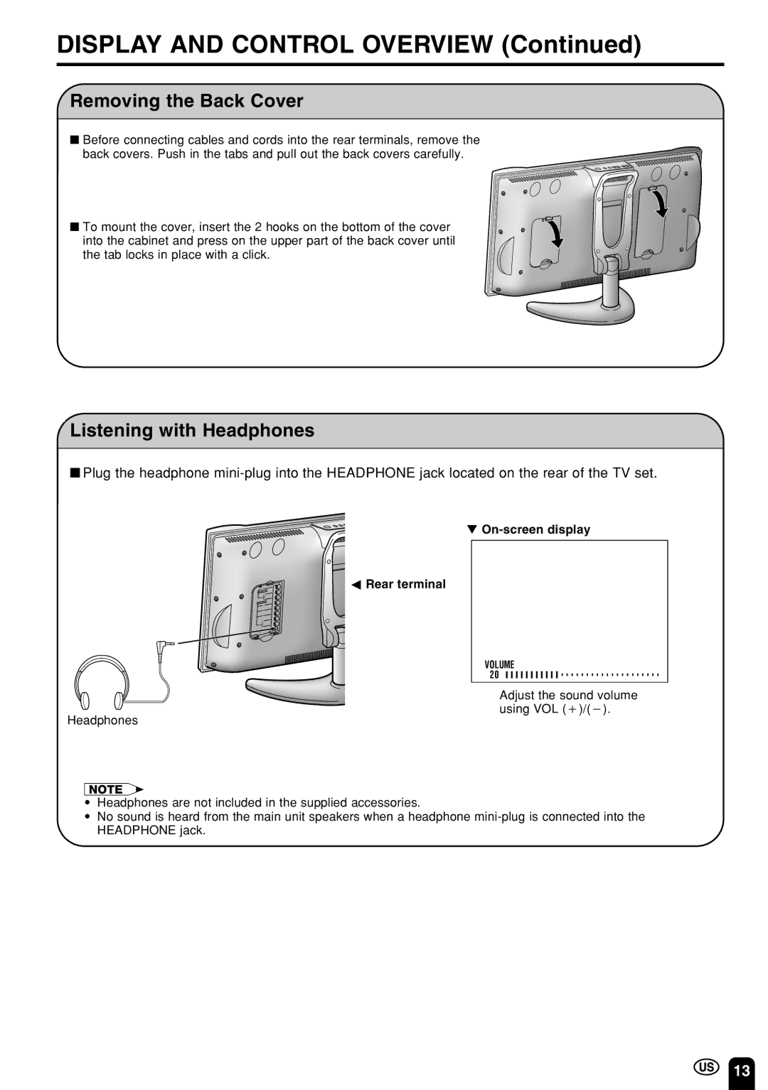 Sharp LC 22SV2U operation manual Removing the Back Cover, Listening with Headphones 