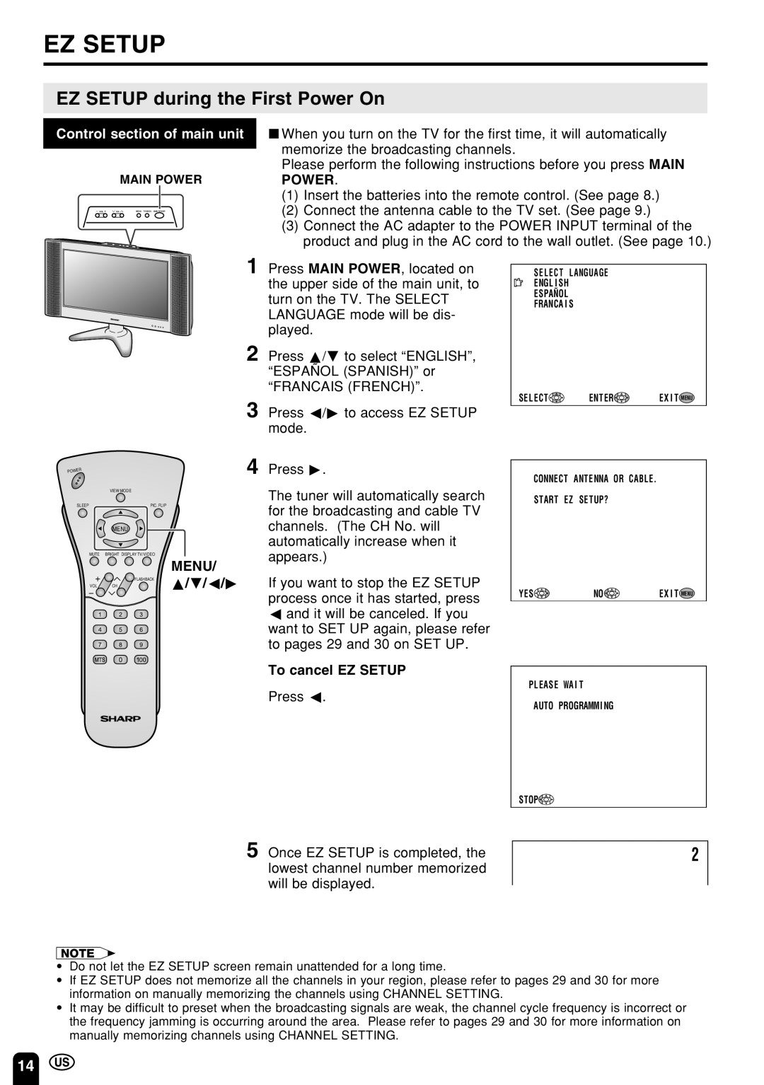 Sharp LC 22SV2U operation manual EZ Setup during the First Power On, Menu, To cancel EZ Setup 