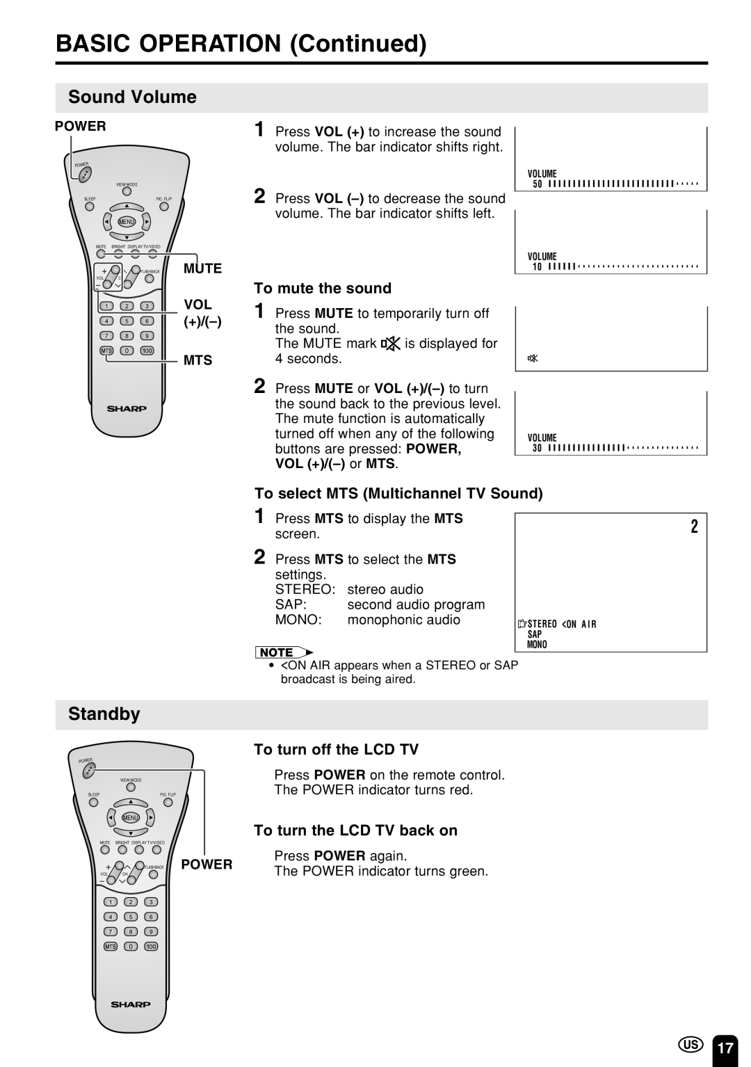 Sharp LC 22SV2U operation manual Sound Volume, Standby 