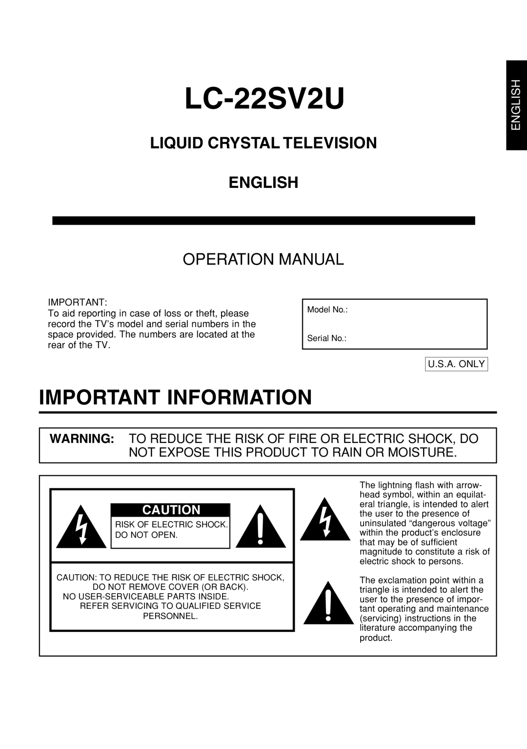 Sharp LC 22SV2U operation manual Liquid Crystal Television English, A. only 