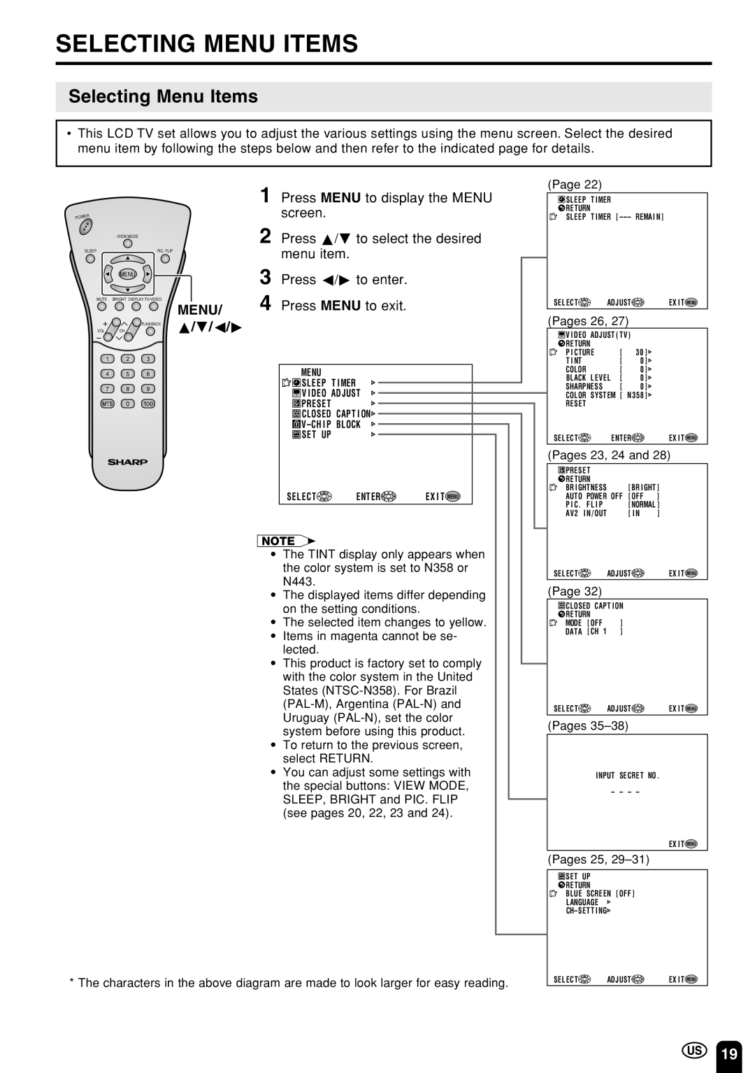 Sharp LC 22SV2U operation manual Selecting Menu Items 