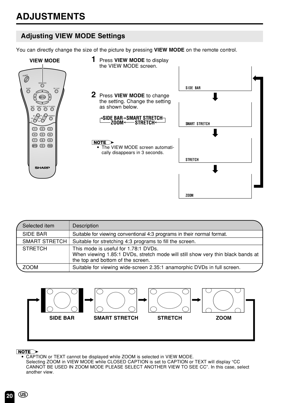 Sharp LC 22SV2U operation manual Adjusting View Mode Settings, Side BAR Smart Stretch Zoom Stretch 