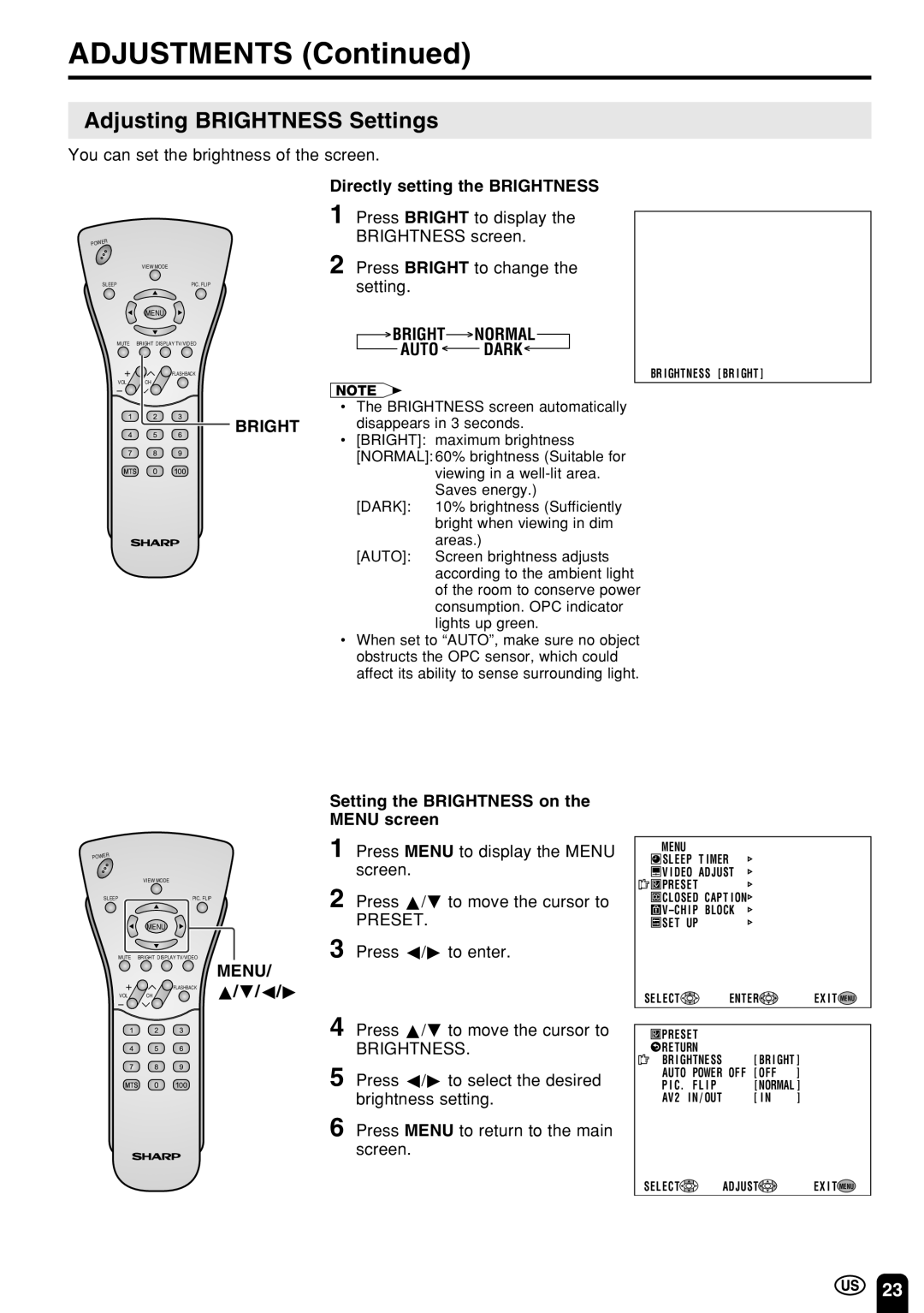 Sharp LC 22SV2U operation manual Adjusting Brightness Settings, Directly setting the Brightness, Bright Normal Auto Dark 